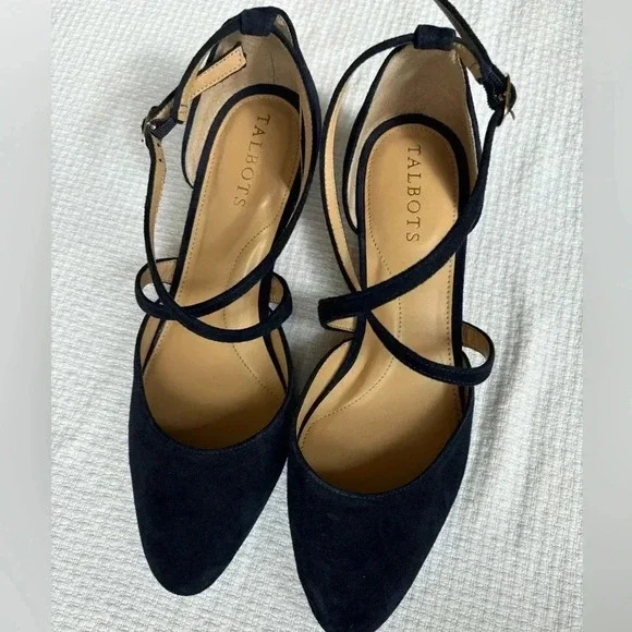 Talbots Wedges Size 7 Navy Laney Crisscross Suede Preppy Career City Timeless